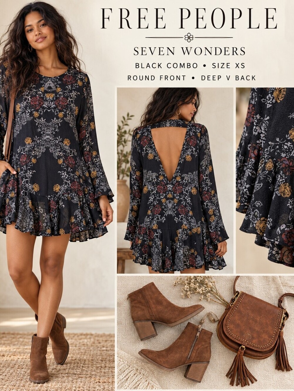 Free People Seven Wonders Mini Dress XS Black Floral Open Back Boho